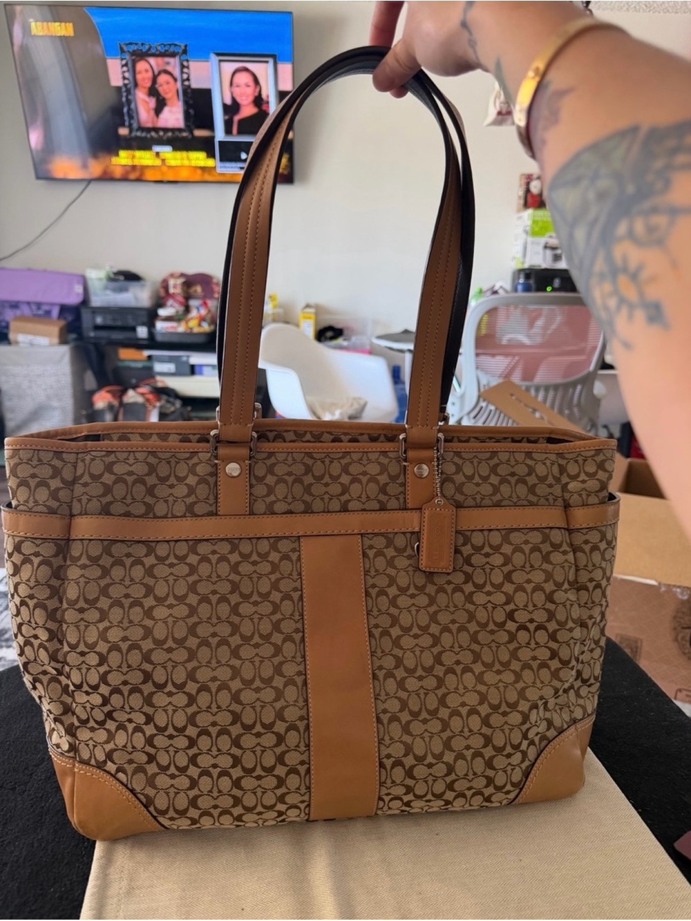 Coach Brown Signature Canvas Tote with Tan Leather Trim